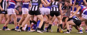 Congestion in the pack during a Collingwood-Bulldogs game last season. The AFL feels it is increasing this year.