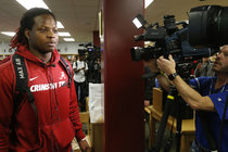 Hillcrest High running back Brian Robinson wears a University of Alabama sweatshirt as he gets set to speak with the media after committing to the Crimson Tide on national signing day, Wednesday, Feb. 1, 2017, in Tuscaloosa, Ala. 