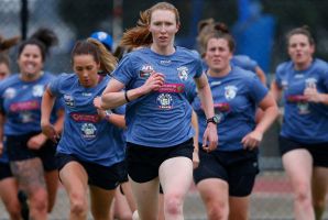 Ernst leads the pack during a Western Bulldogs training session.