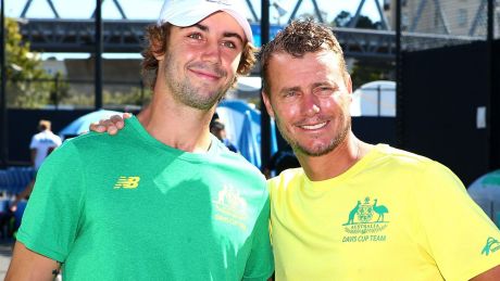 Jordan Thompson and Davis Cup coach Lleyton Hewitt ahead of the upcoming tie against the Czech Republic at Kooyong.