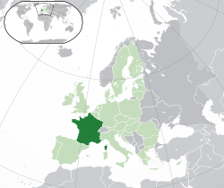 Location of  metropolitan France  (dark green)– in Europe  (green & dark grey)– in the European Union  (green)