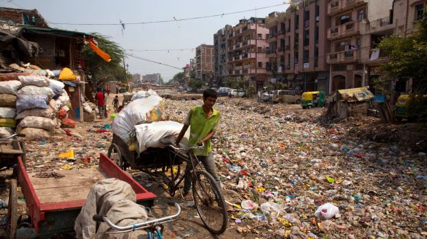 A rag picker pulls his rickshaw along an open drain filled with plastic and stagnant water which act as a breeding ...