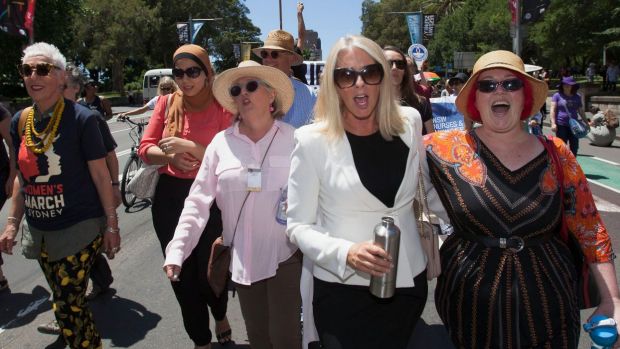 Marching in Sydney (from left): OzHarvest founder Ronni Kahn, lawyer Mariam Veiszadeh, and journalists Jane Caro and ...