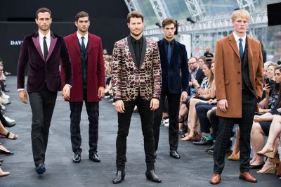 Models present menswear at the David Jones Autumn/Winter 2017 Fashion Launch at St Mary's Cathedral, Sydney, on February ...