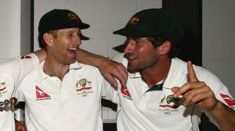 Adam Voges and Joe Burns celebrate.