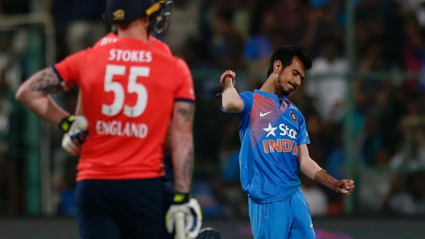 Six wicket haul: Yuzvendra Chahal celebrates the dismissal of England's Ben Stokes.