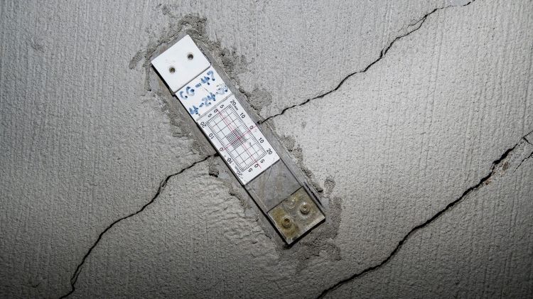 A stress gauge is seen on a wall with floor-to-ceiling cracks in the parking garage.