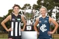 Opposing captains Steph Chiocci of the Magpies and Lauren Arnell of the Blues.