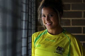 Tiana Penitani, a member of the Australian Womens Sevens World Cup squad, in the gym at the South Sydney High School in ...