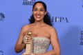<i>Black-ish</i> actress Tracee Ellis Ross with the Golden Globe for best actress in a television series (musical or comedy).