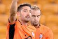 Brandon Borrello celebrates another goal as the Roar defeat Global FC at Suncorp Stadium on Tuesday night.