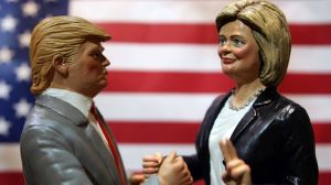 Statuettes depicting the presidential candidates Donald Trump, left, and Hillary Clinton in a shop in Via San Gregorio ...