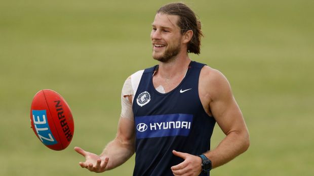 GOLD COAST, AUSTRALIA - DECEMBER 18: Bryce Gibbs of the Blues looks on during a Carlton Blues AFL training session at Southport Sharks Oval on December 18, 2016 in Gold Coast, Australia. (Photo by Michael Willson/AFL Media/Getty Images)