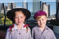 Prep students Amali Melville and Tate Verhagen on the roof of the Haileybury campus in West Melbourne.