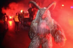 FIEBERBRUNN, AUSTRIA - DECEMBER 03: Revelers dressed as the Krampus creature parade through the village center during an ...