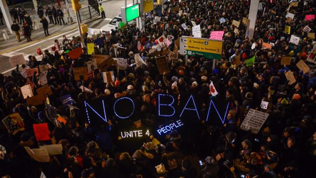 Thousands protest against the Muslim immigration ban at John F. Kennedy International Airport on January 28, 2017 in New ...