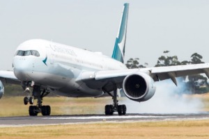 The Cathay Pacific A350 arrives in Melbourne for the first time.