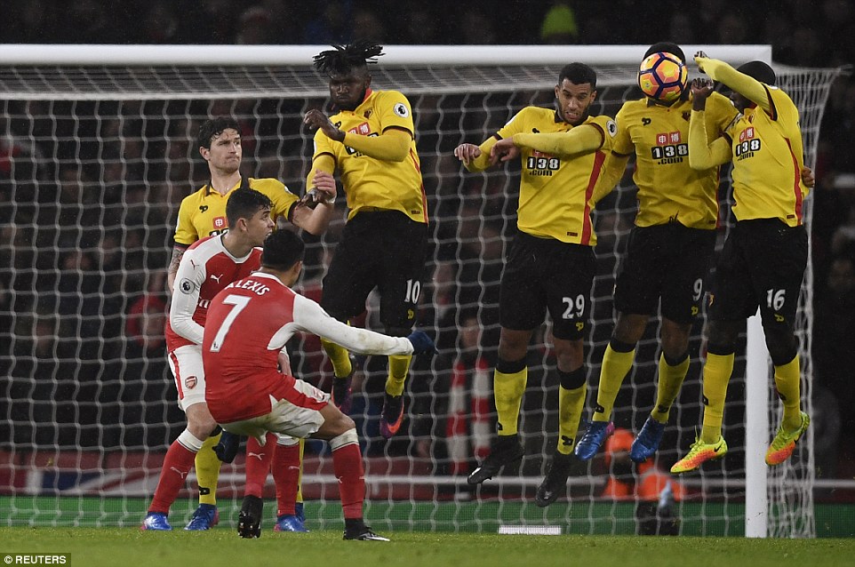 Sanchez goes for goal from a set-piece as the Gunners huffed and puffed without success in their pursuit of an equaliser