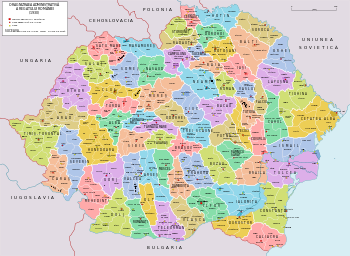 Colored map showing the territory of Romania and its division into 71 counties before the World War II.