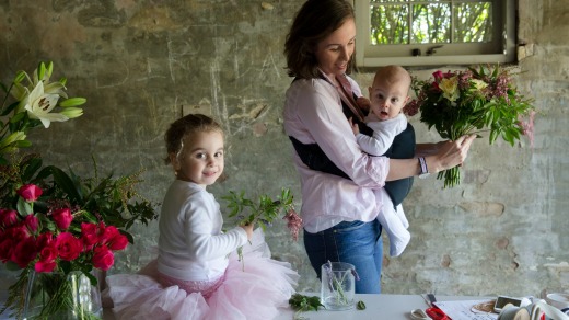 Florist Sarah Edwards spends "precious" time with children, Abigail, 3, and William, five months, by running her ...