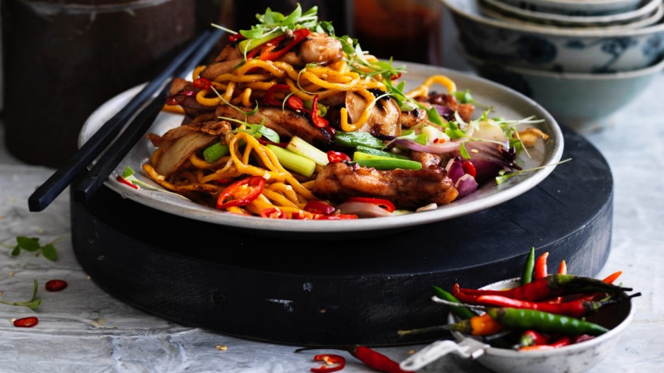 Kylie Kwong's stir-fried Hokkien noodles with chicken, chilli and coriander.