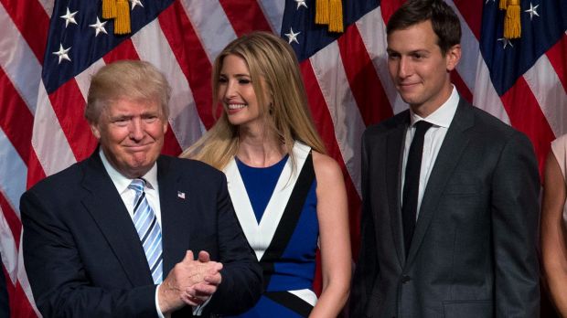 President Donald Trump with his main advisers Ivanka Trump and her husband Jared Kushner.