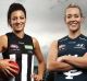 Opposing AFLW captains Steph Chiocci of the Magpies and Lauren Arnell of the Blues.