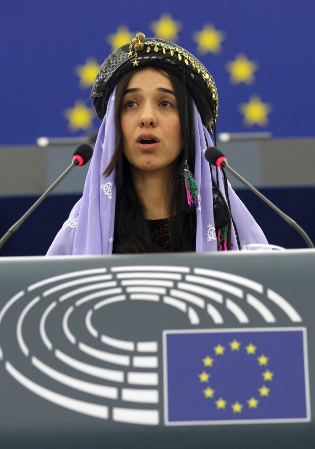 Nadia Murad addresses members of the European parliament after receiving the European Union's Sakharov Prize for human ...