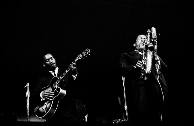  Wes Montgomery and John Coltrane at the 1961 Monterey Jazz Festival. The musicians in Jim Marshall's pictures wear ...