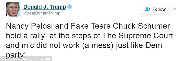 Scornful: President Trump used his Twitter feed to deride Amy 's cousin Senator Chuck Schumer of New York for crying 'fake tears' over the immigration ban