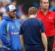 NAPIER, NEW ZEALAND - FEBRUARY 02: Umpires Kumar Dharmasena and Chris Brown talk to captains Kane Williamson of New ...