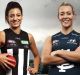 Opposing AFLW captains Steph Chiocci of the Magpies and Lauren Arnell of the Blues.