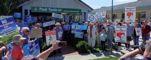 An anti-merger protest outside Bathurst MP Paul Toole's office last year.