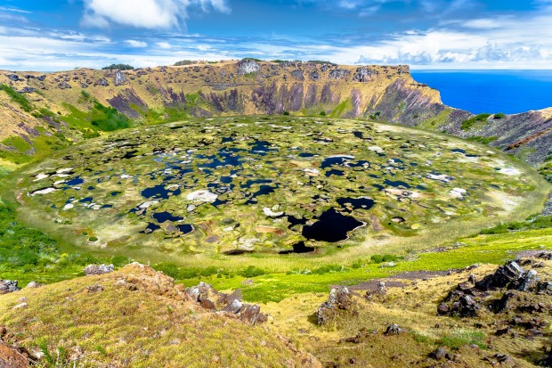 Crater lake of Rano Kau, Easter Island.