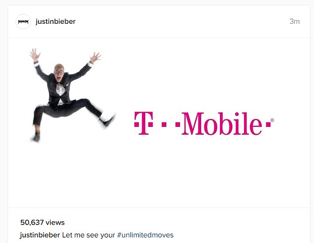He's back: Justin Bieber has returned to Instagram to plug his T-Mobile ad