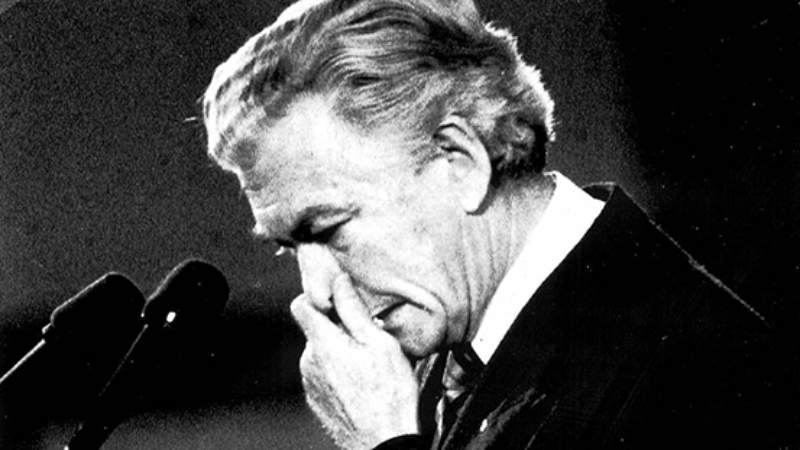 Prime Minister Bob Hawke sheds tears at a memorial service for the Tiananmen Square massacre, held at Parliament House in 1989. Photo: Graham Tidy (Fairfax Media).