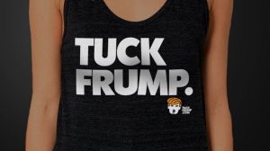 A model wears a 'Tuck Frump' shirt on the organisation's website.