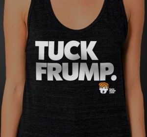 A model wears a 'Tuck Frump' shirt on the organisation's website.