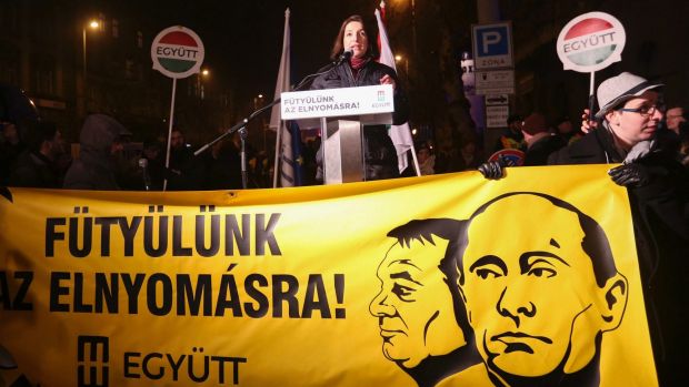 Hungarian opposition party Together (Egyuett) member and independent MP Zsuzsanna Szelenyi speaks during a protest ...
