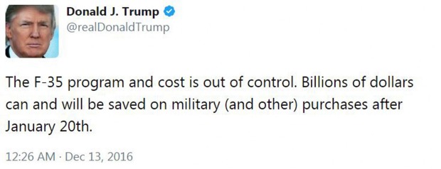 Donald Trump pans the F-35 program on Twitter, possibly knowing costs were set to reduce anyway.