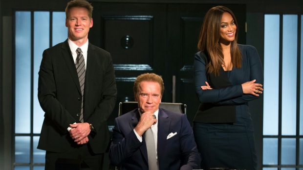 Patrick Knapp Schwarzenegger, Arnold Schwarzenegger and Tyra Banks from The New Celebrity Apprentice.