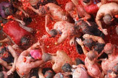 Revellers fight with tomato pulp during the annual "Tomatina" (tomato fight) in the Mediterranean village of Bunol, near ...