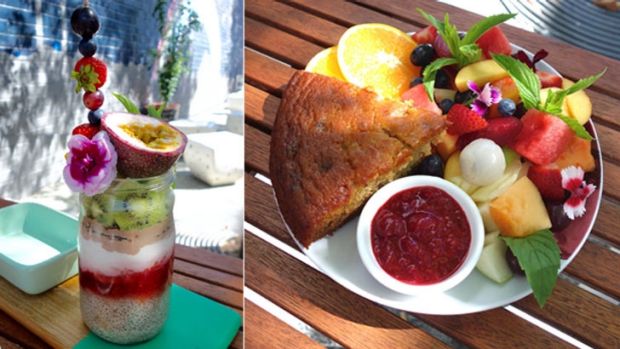 The raw parfait and banana bread with a mountain of fruit at Flora & Fauna. 