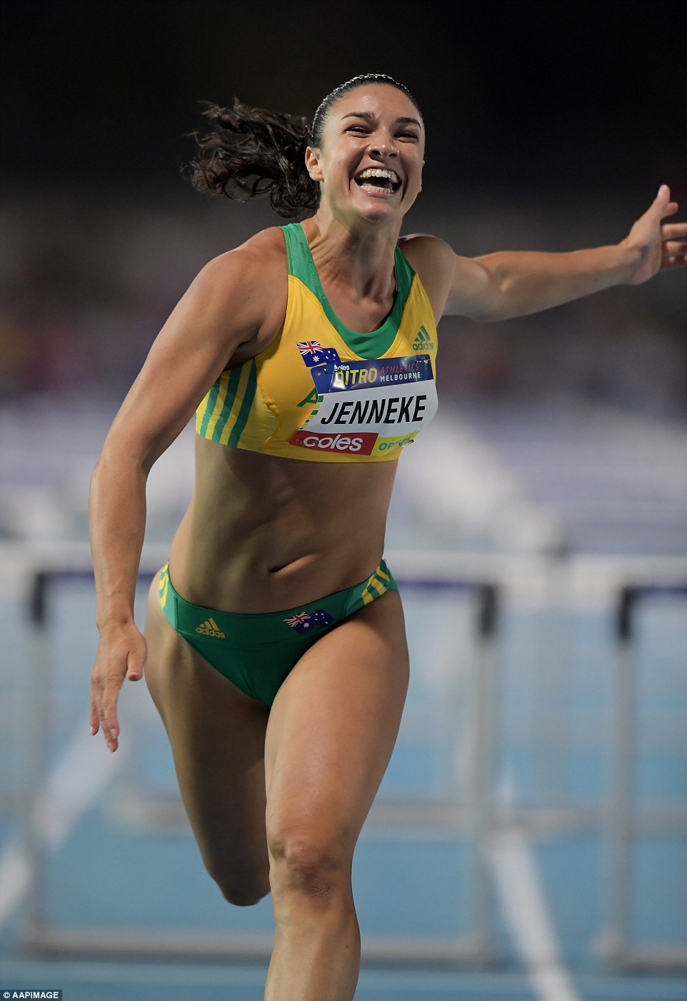 A winning smile: Michelle Jenneke of Australia wins the Women's 100m hurdles