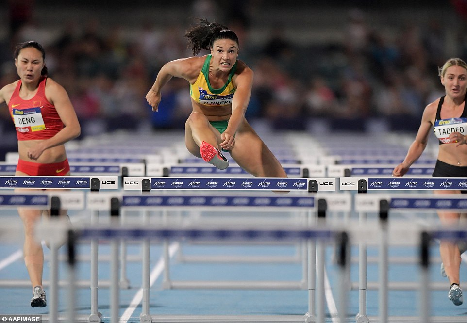 Up and over: Michelle Jenneke of Australia wins the Women's 100m hurdles during the Nitro Athletics series at Lakeside Stadium in Melbourne