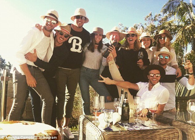 Close knit: Jesinta and Lance Franklin are pictured with Aleysha and a number of their friends