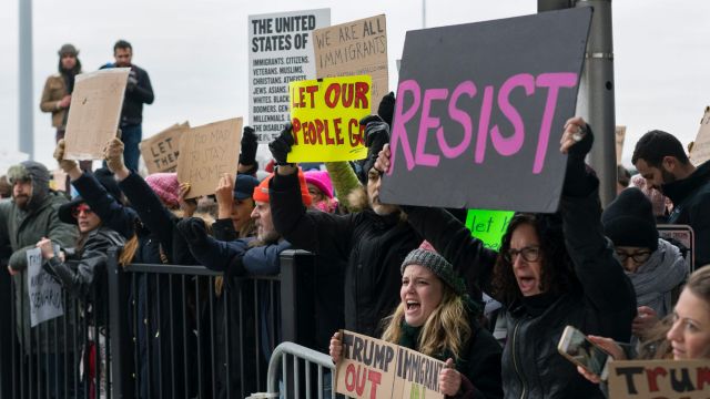 Protesters assemble at John F Kennedy International Airport in New York last week.