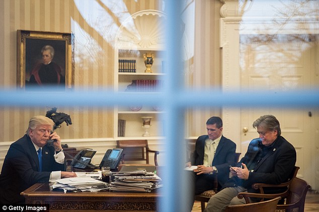 President Trump (pictured speaking to Turnbull on the phone. Trump is said to have slammed Turnbull over a deal he agreed with Barack Obama which would have seen 1,250 refugees on Manus Island and Nauru shipped to the US  (Also pictured, Mike Flynn and Steve Bannon)