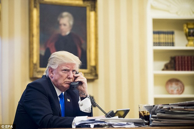 Donald Trump slammed Malcolm Turnbull over the proposed asylum seeker deal during their first official telephone conversation (Pictured: Speaking to Malcolm Turnbull)
