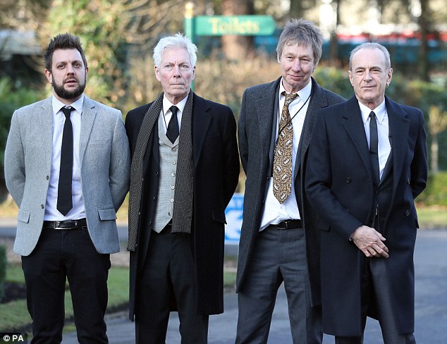 Status Quo band members (left-right) Leon Cave, Andy Bown, John 'Rhino' Edwards, Francis Rossi were all present at the service, despite a rocky relationship between Rick and Francis